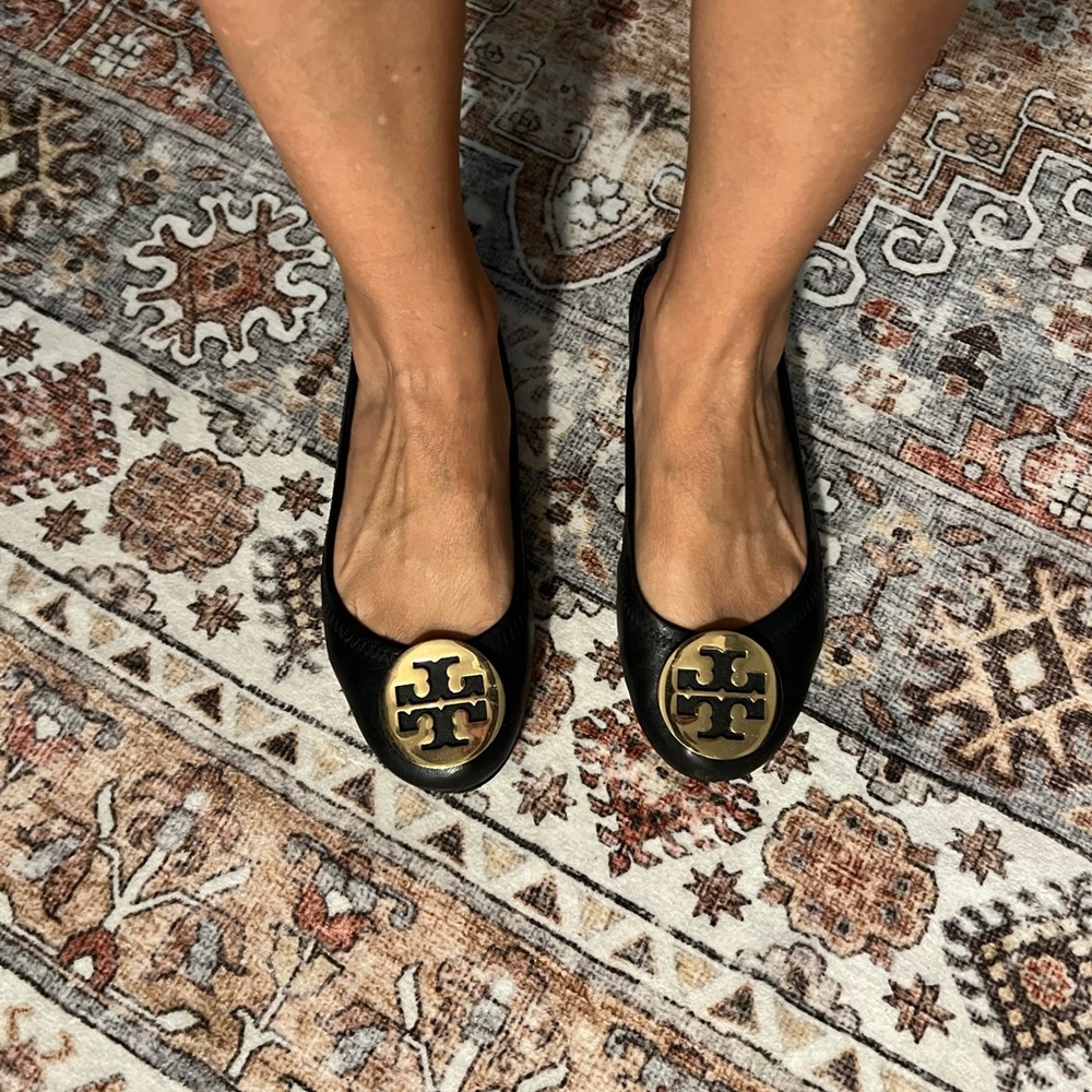Tory Burch Black Flats with Gold Logo